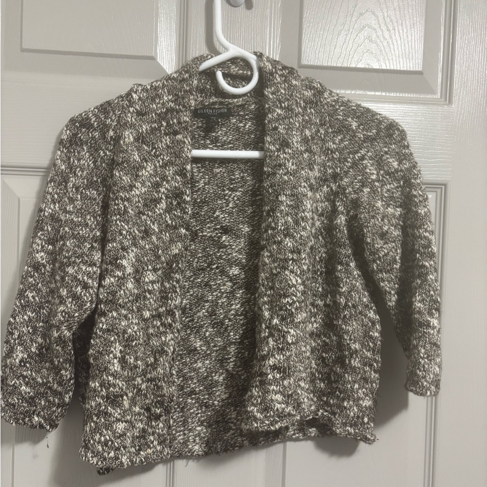 Eileen Fisher Marled Knit Open-Front Cardigan in Brown & Cream